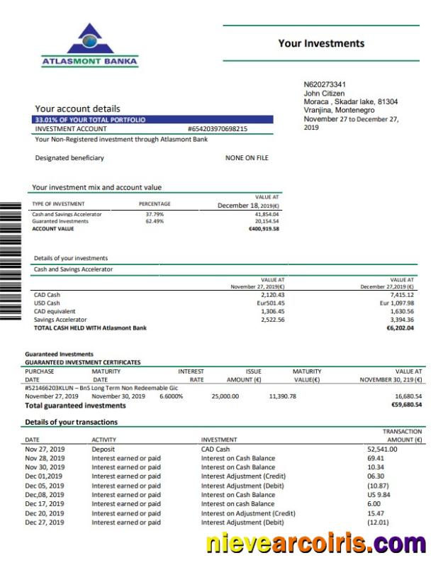 Montenegro Atlasmont Bank statement